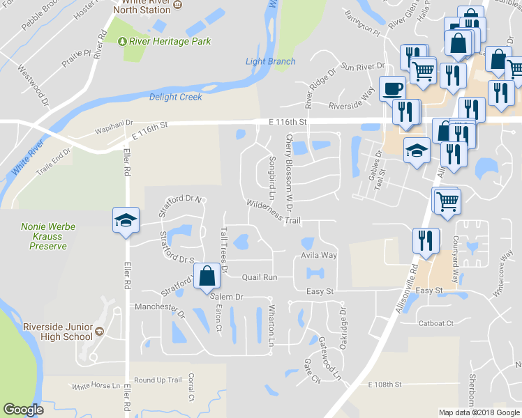 map of restaurants, bars, coffee shops, grocery stores, and more near 11338 Wilderness Trail in Fishers