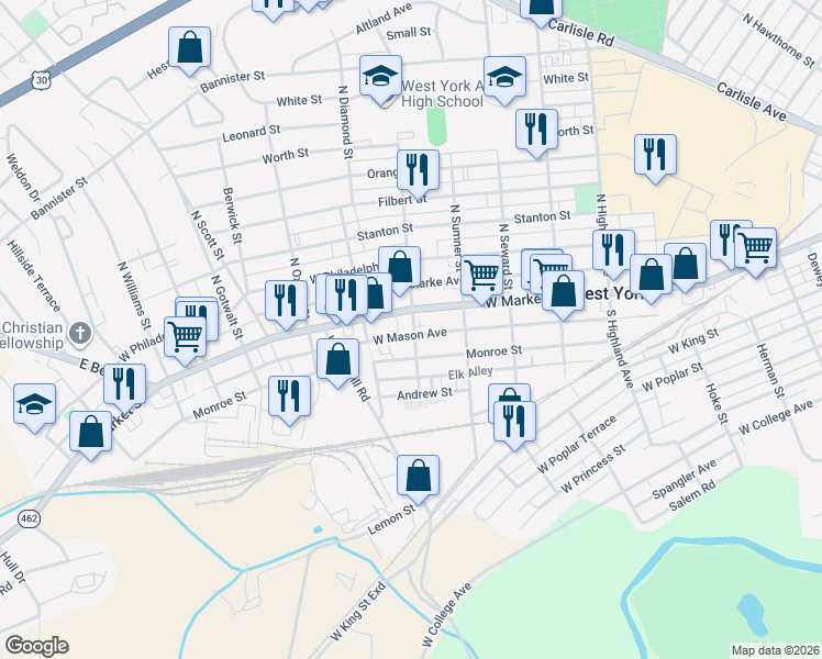map of restaurants, bars, coffee shops, grocery stores, and more near 12 South Clinton Street in West York