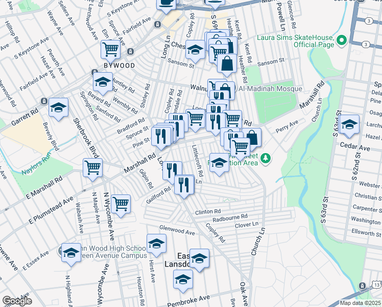 map of restaurants, bars, coffee shops, grocery stores, and more near 429 Hampden Road in Delaware County