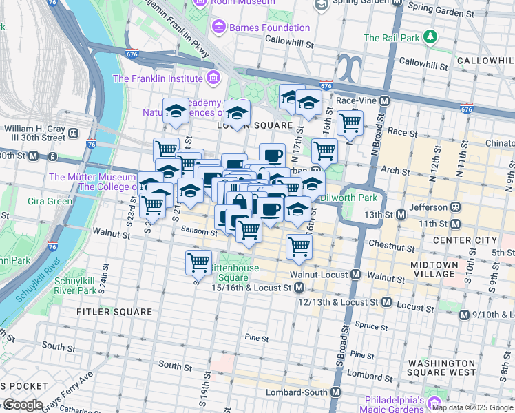 map of restaurants, bars, coffee shops, grocery stores, and more near 20 South 18th Street in Philadelphia