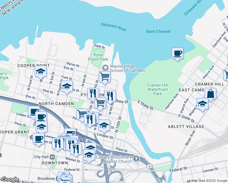 map of restaurants, bars, coffee shops, grocery stores, and more near 844 York Street in Camden