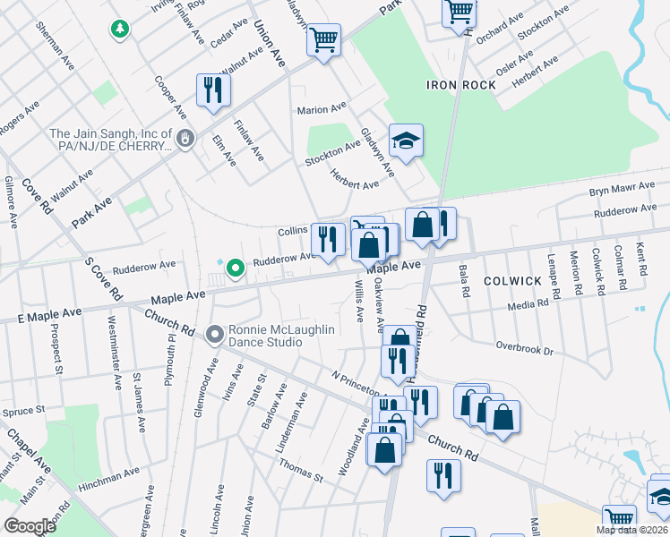 map of restaurants, bars, coffee shops, grocery stores, and more near 7459 Maple Avenue in Pennsauken Township