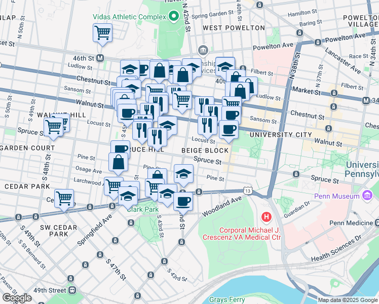 map of restaurants, bars, coffee shops, grocery stores, and more near 235 South 42nd Street in Philadelphia