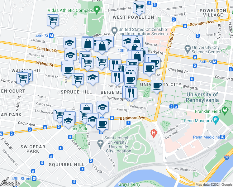 map of restaurants, bars, coffee shops, grocery stores, and more near 4054 Irving Street in Philadelphia