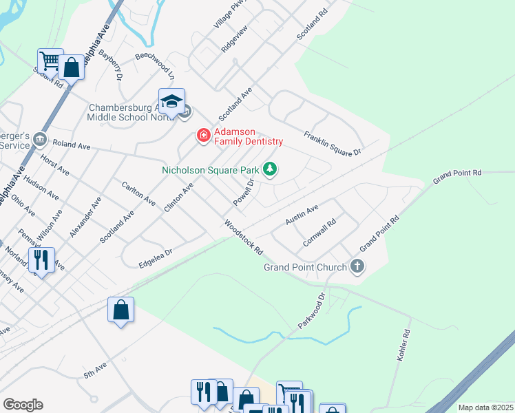 map of restaurants, bars, coffee shops, grocery stores, and more near 1912 Bassett Drive in Chambersburg