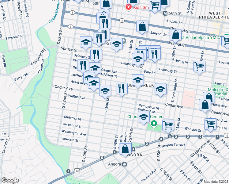map of restaurants, bars, coffee shops, grocery stores, and more near 5842 Rodman Street in Philadelphia