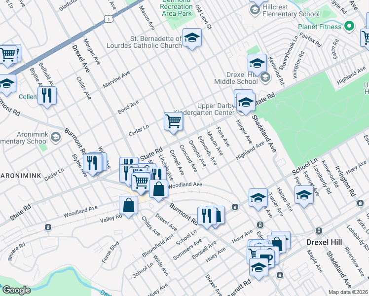 map of restaurants, bars, coffee shops, grocery stores, and more near 755 Concord Avenue in Drexel Hill