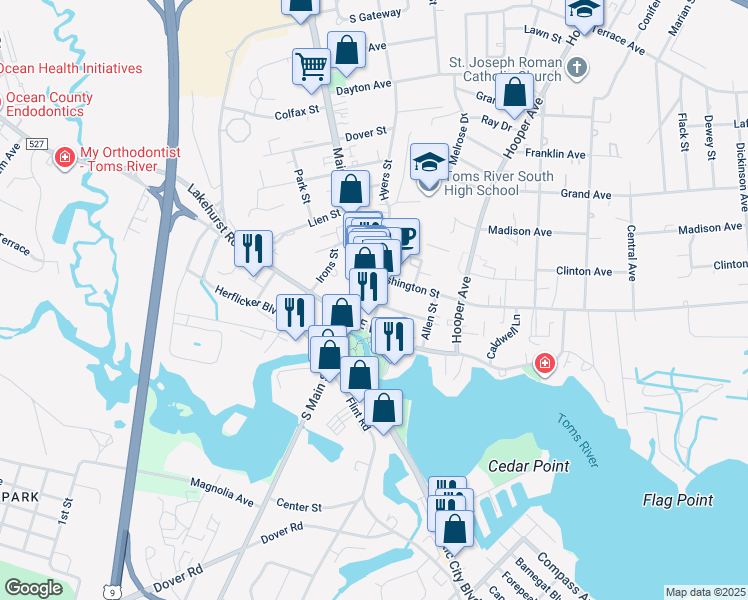 map of restaurants, bars, coffee shops, grocery stores, and more near 22 Robbins Street in Toms River