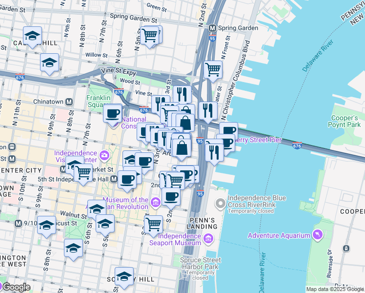 map of restaurants, bars, coffee shops, grocery stores, and more near 121 North 2nd Street in Philadelphia