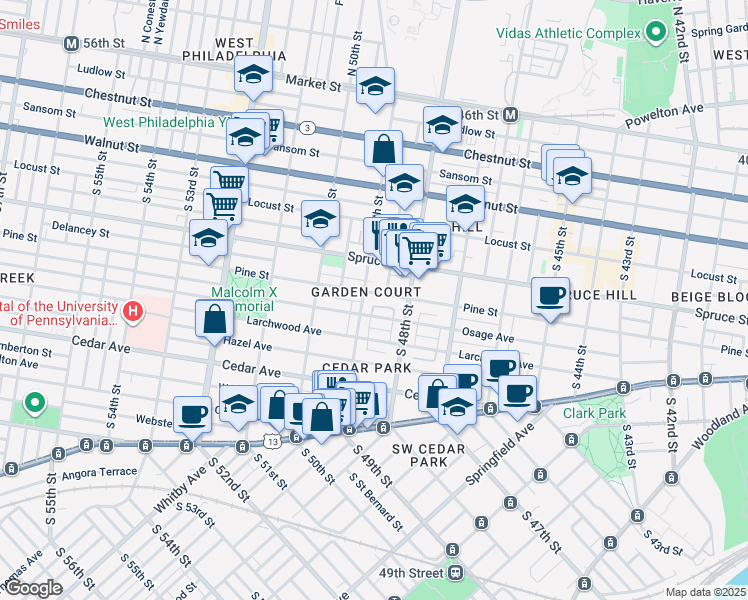 map of restaurants, bars, coffee shops, grocery stores, and more near 4838 Pine Street in Philadelphia