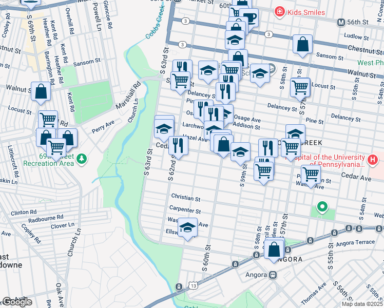 map of restaurants, bars, coffee shops, grocery stores, and more near 6112 Cedar Avenue in Philadelphia