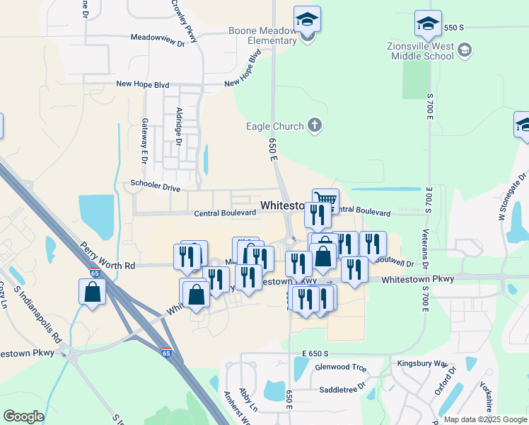 map of restaurants, bars, coffee shops, grocery stores, and more near 6380 Central Boulevard in Whitestown