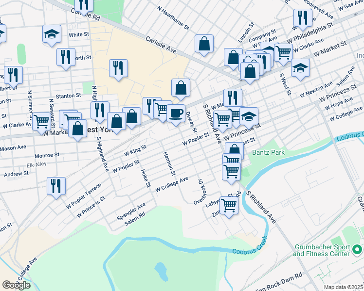map of restaurants, bars, coffee shops, grocery stores, and more near 1210 West Poplar Street in West York