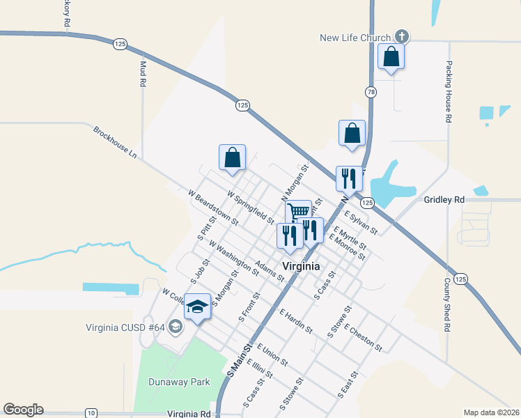 map of restaurants, bars, coffee shops, grocery stores, and more near 201-241 West Springfield Street in Virginia
