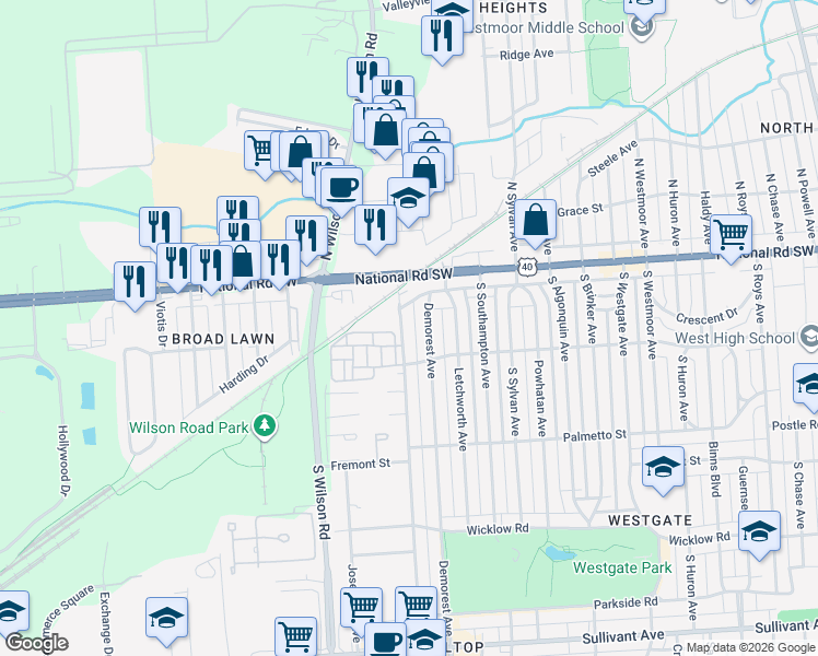 map of restaurants, bars, coffee shops, grocery stores, and more near 72 Derrer Road in Columbus