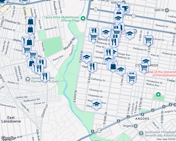 map of restaurants, bars, coffee shops, grocery stores, and more near 608 South 62nd Street in Philadelphia