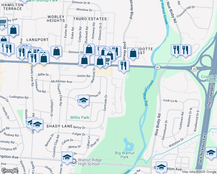 map of restaurants, bars, coffee shops, grocery stores, and more near 1184 Gertrude Drive in Columbus