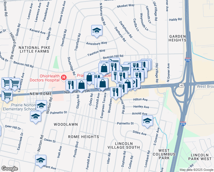 map of restaurants, bars, coffee shops, grocery stores, and more near 4842 West Broad Street in Columbus