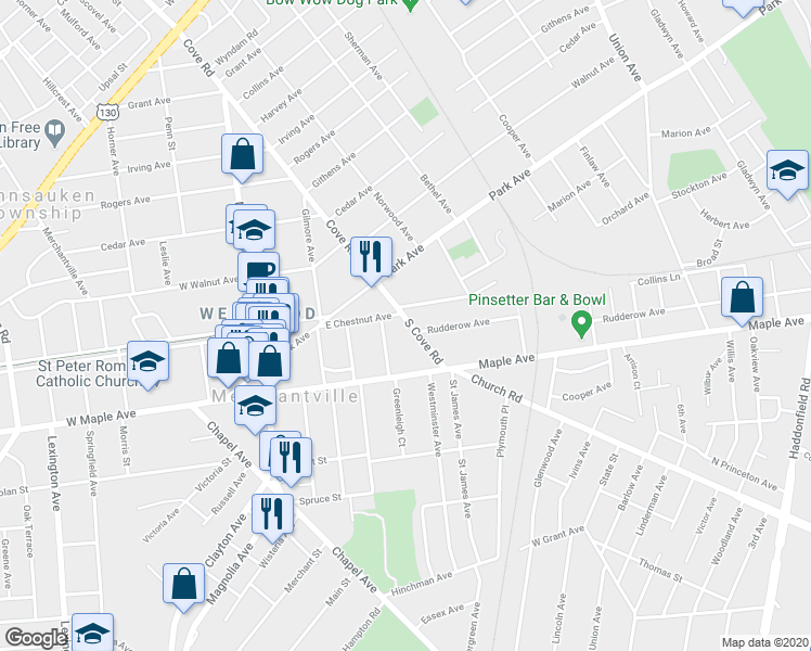 map of restaurants, bars, coffee shops, grocery stores, and more near 2 South Cove Road in Merchantville