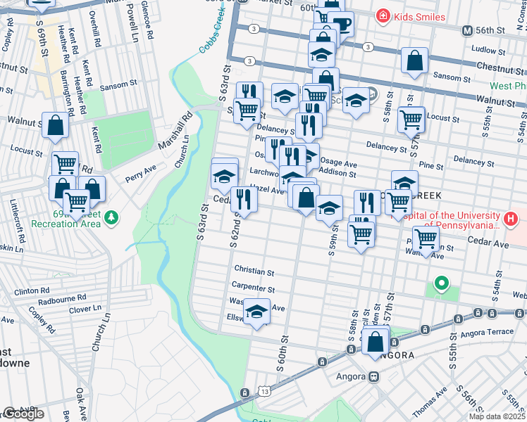 map of restaurants, bars, coffee shops, grocery stores, and more near 6112 Cedar Avenue in Philadelphia