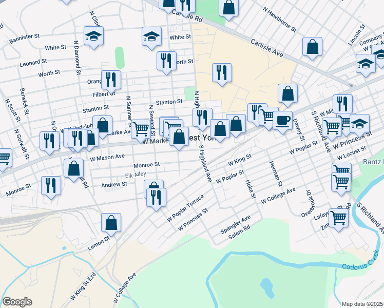 map of restaurants, bars, coffee shops, grocery stores, and more near 1423 Monroe Street in York