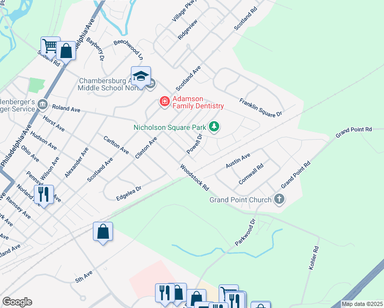 map of restaurants, bars, coffee shops, grocery stores, and more near 1916 Powell Drive in Chambersburg