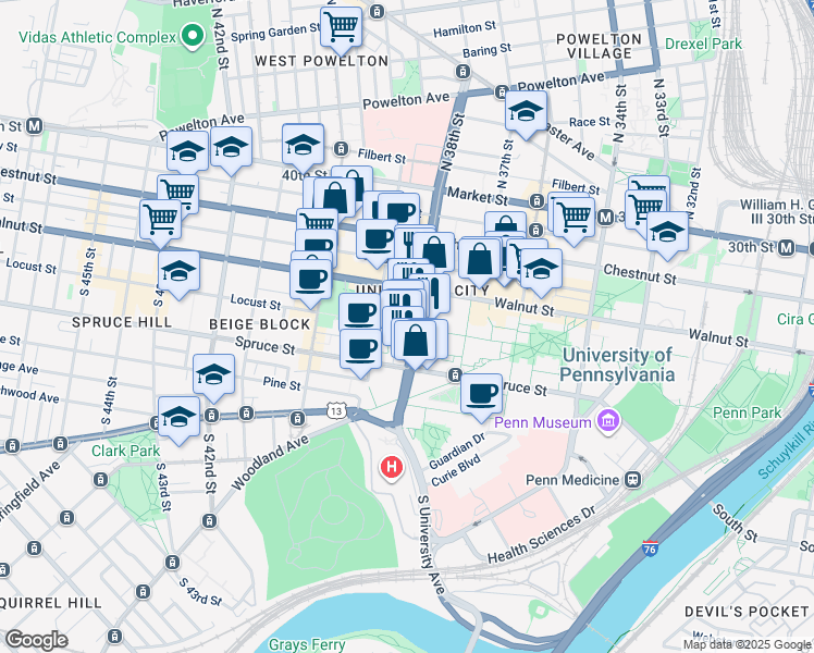 map of restaurants, bars, coffee shops, grocery stores, and more near 3801 Locust Walk in Philadelphia