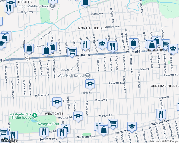 map of restaurants, bars, coffee shops, grocery stores, and more near 107 South Powell Avenue in Columbus