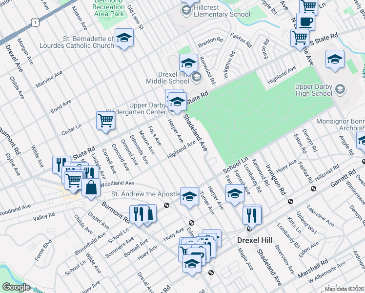 map of restaurants, bars, coffee shops, grocery stores, and more near 3301 Highland Avenue in Drexel Hill