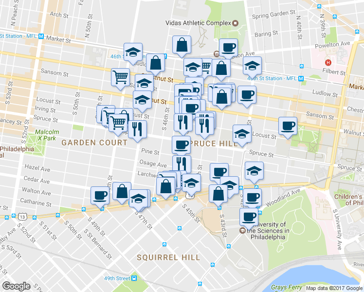 map of restaurants, bars, coffee shops, grocery stores, and more near 32 University Mews in Philadelphia