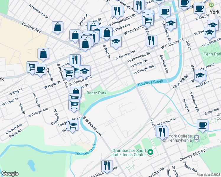 map of restaurants, bars, coffee shops, grocery stores, and more near 662 W College Ave in York