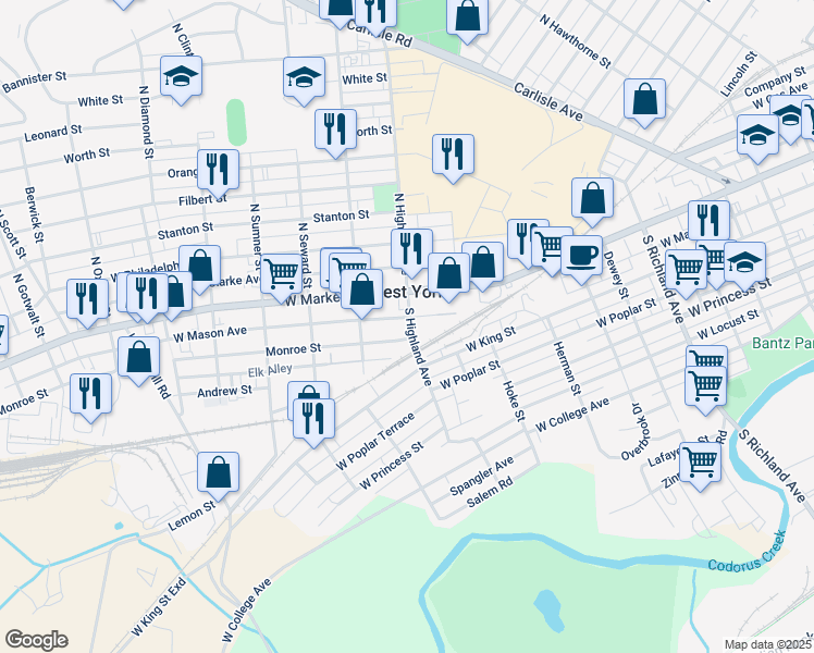 map of restaurants, bars, coffee shops, grocery stores, and more near 17 South Highland Avenue in West York