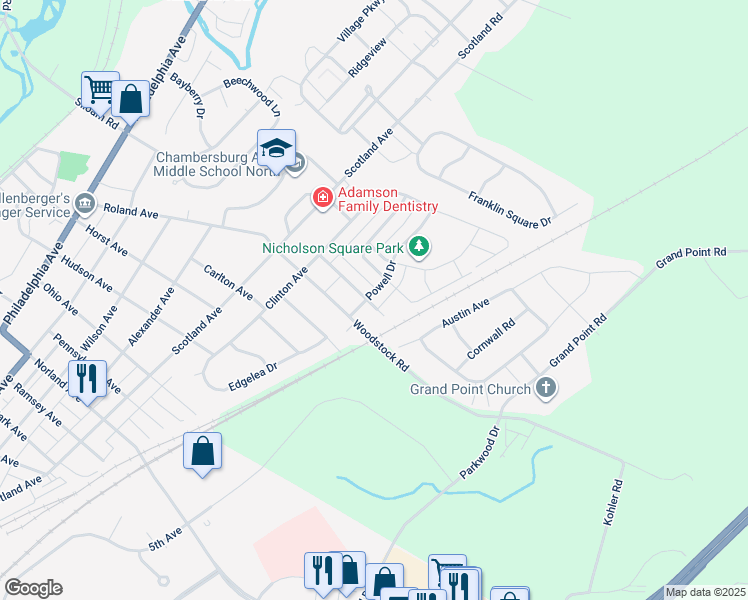 map of restaurants, bars, coffee shops, grocery stores, and more near 1914 Powell Drive in Chambersburg