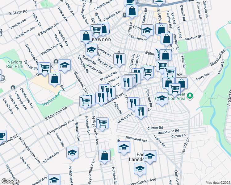 map of restaurants, bars, coffee shops, grocery stores, and more near 113 Ashton Road in Delaware County