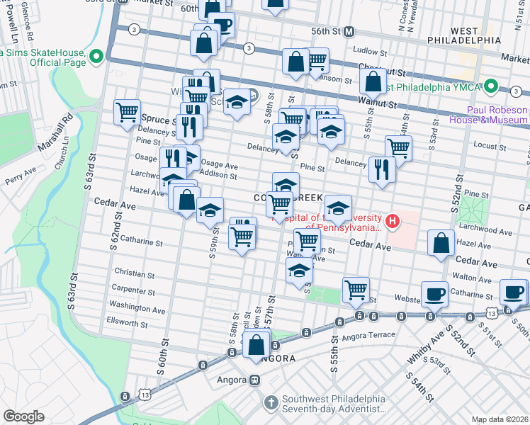 map of restaurants, bars, coffee shops, grocery stores, and more near 5759 Rodman Street in Philadelphia