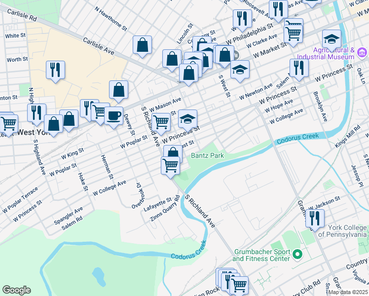 map of restaurants, bars, coffee shops, grocery stores, and more near 836 West Locust Street in York