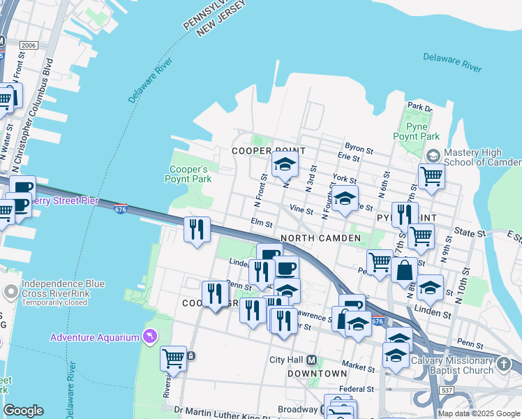map of restaurants, bars, coffee shops, grocery stores, and more near 618 North Front Street in Camden