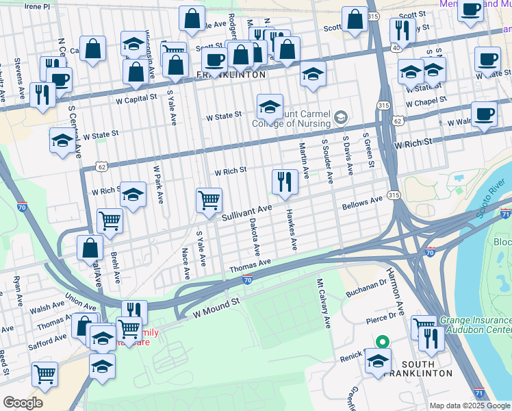 map of restaurants, bars, coffee shops, grocery stores, and more near 312 Dakota Avenue in Columbus
