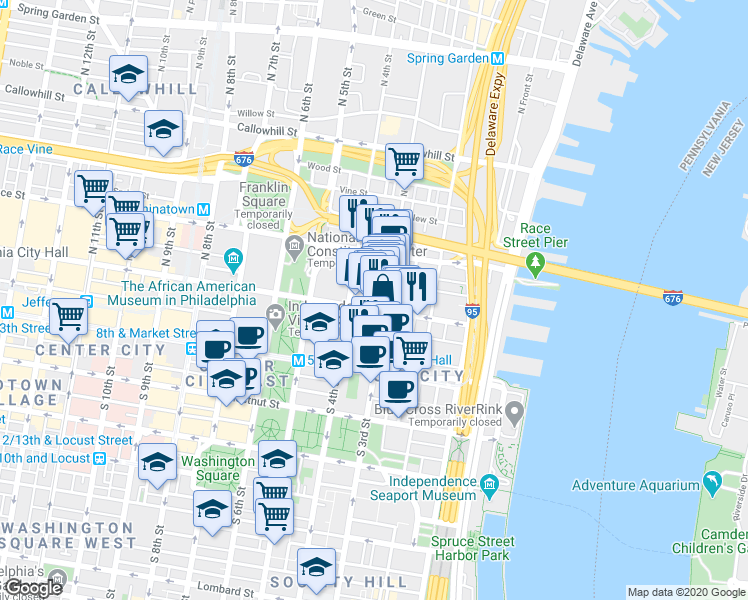 map of restaurants, bars, coffee shops, grocery stores, and more near 309-13 Arch Street in Philadelphia