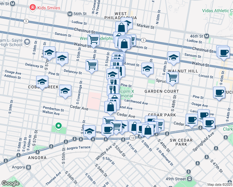 map of restaurants, bars, coffee shops, grocery stores, and more near S 52nd St & Addison St in Philadelphia