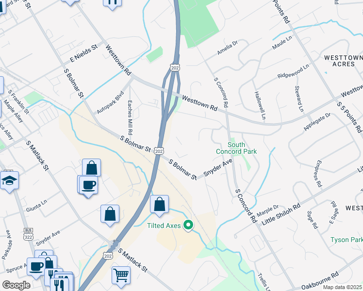 map of restaurants, bars, coffee shops, grocery stores, and more near 901 South Bolmar Street in West Chester