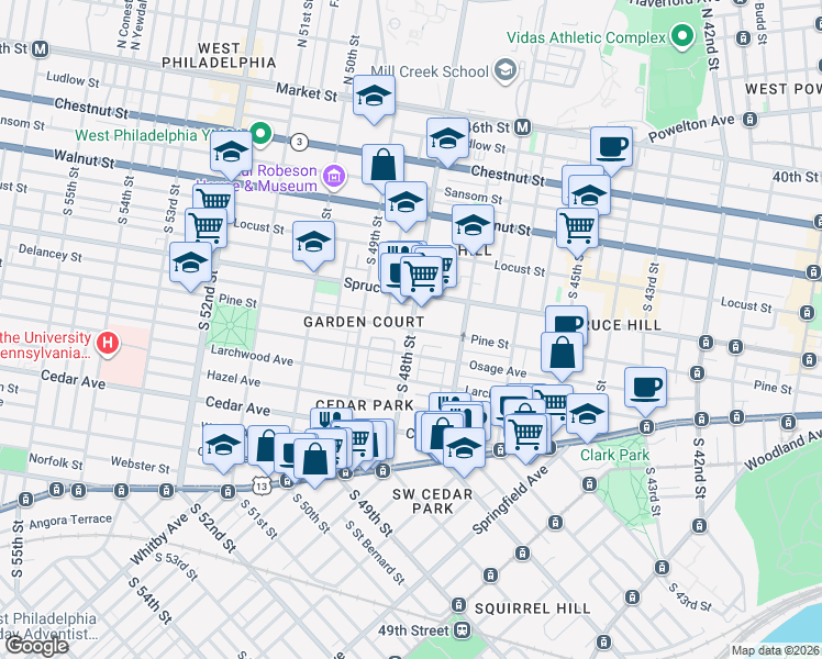 map of restaurants, bars, coffee shops, grocery stores, and more near S 48th St & Pine St in Philadelphia