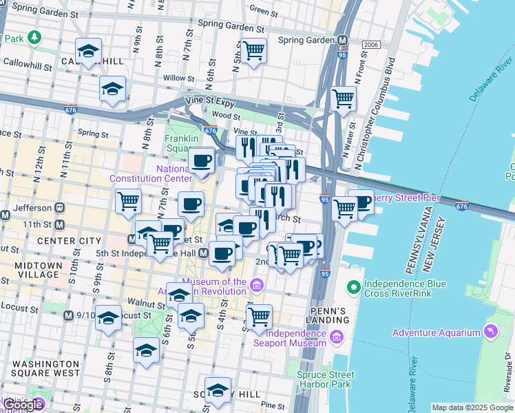 map of restaurants, bars, coffee shops, grocery stores, and more near 309-13 Arch Street in Philadelphia