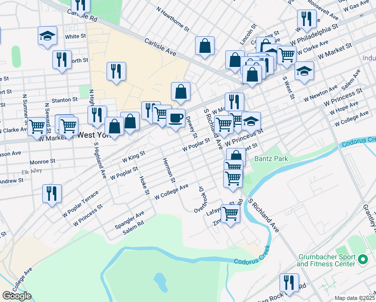 map of restaurants, bars, coffee shops, grocery stores, and more near 1107 West Princess Street in West York