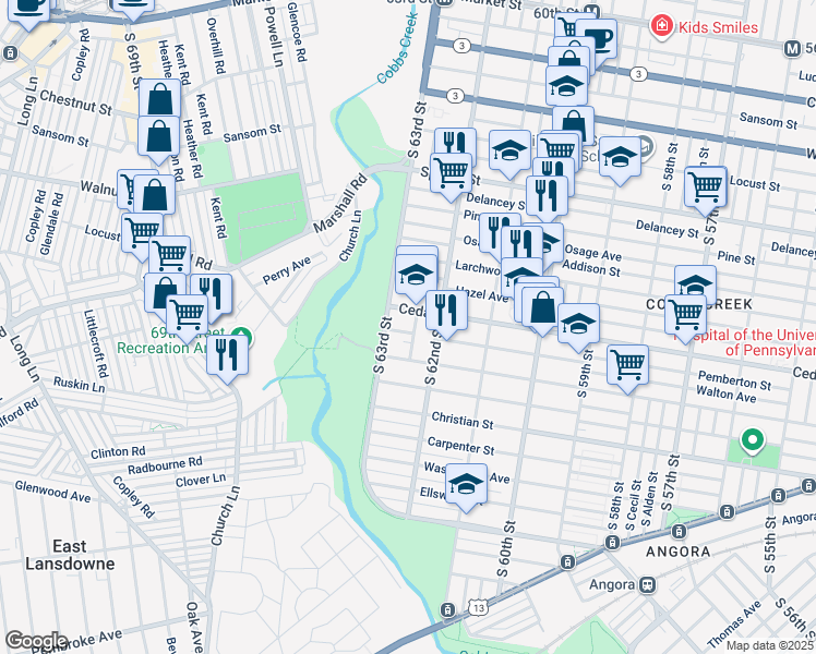 map of restaurants, bars, coffee shops, grocery stores, and more near 6237 Walton Avenue in Philadelphia