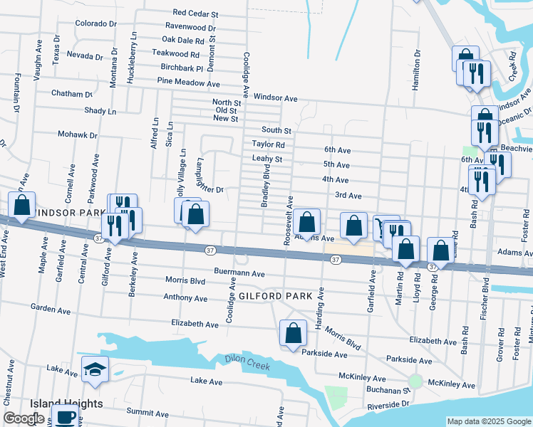 map of restaurants, bars, coffee shops, grocery stores, and more near 523 Bradley Boulevard in Toms River