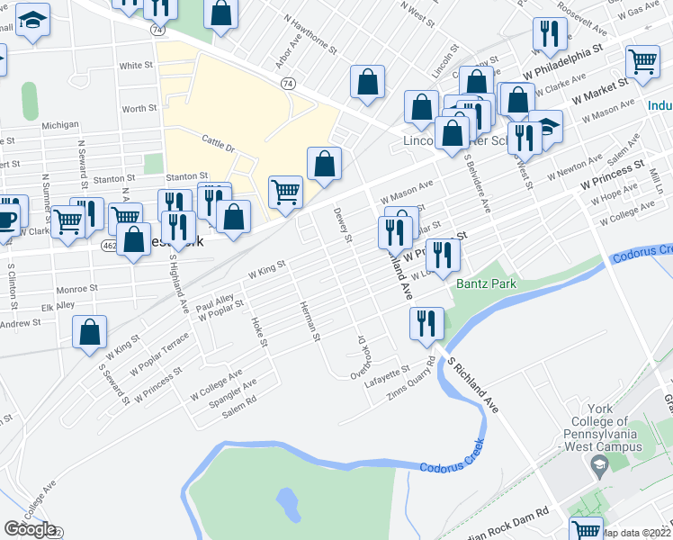 map of restaurants, bars, coffee shops, grocery stores, and more near 1134 West Poplar Street in West York