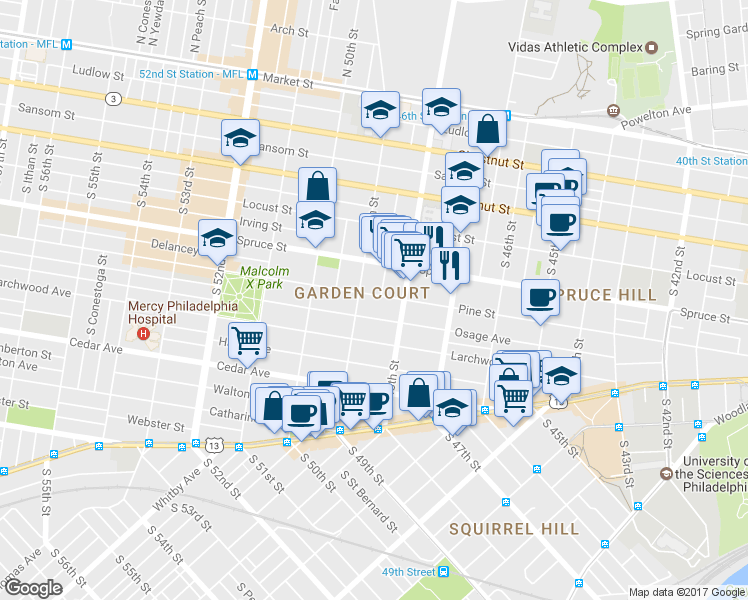 map of restaurants, bars, coffee shops, grocery stores, and more near 4838 Pine Street in Philadelphia