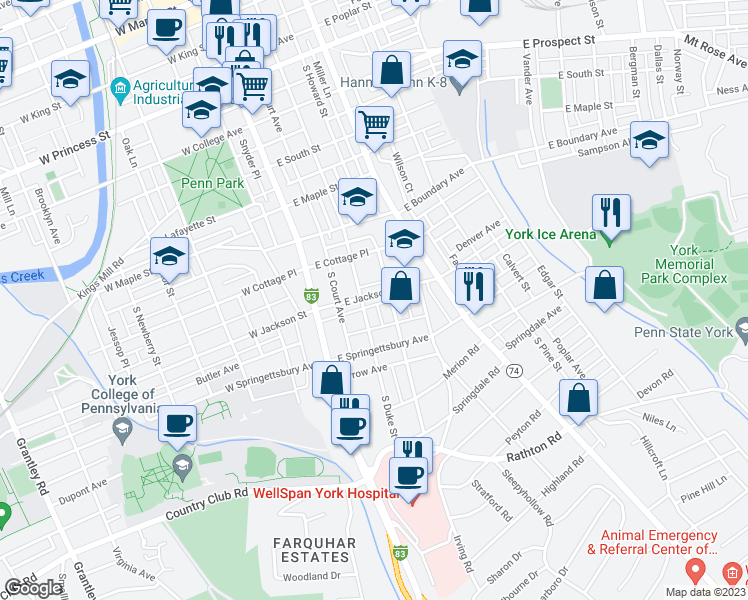 map of restaurants, bars, coffee shops, grocery stores, and more near 110 East Jackson Street in York