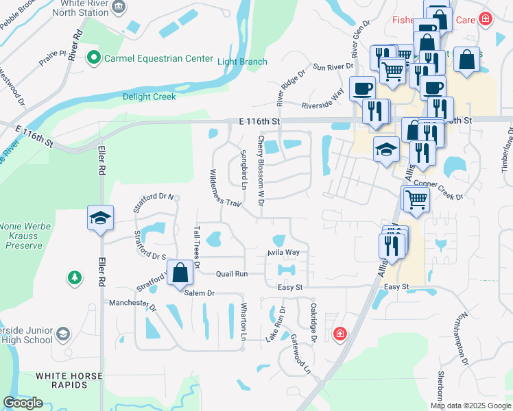 map of restaurants, bars, coffee shops, grocery stores, and more near 11324 Cherry Blossom West Drive in Fishers